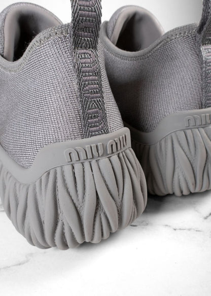 Miu Miu Grey Stretch Knit Crystal Embellished Slip On Sneakers