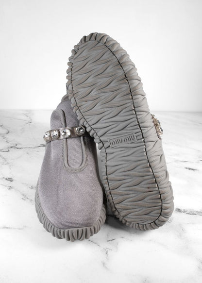 Miu Miu Grey Stretch Knit Crystal Embellished Slip On Sneakers