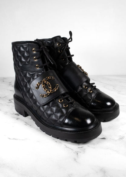 Chanel Black Quilted Leather Lace Up Combat Boots