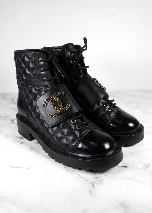 Chanel Black Quilted Leather Lace Up Combat Boots