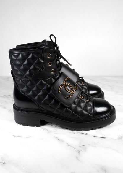 Chanel Black Quilted Leather Lace Up Combat Boots