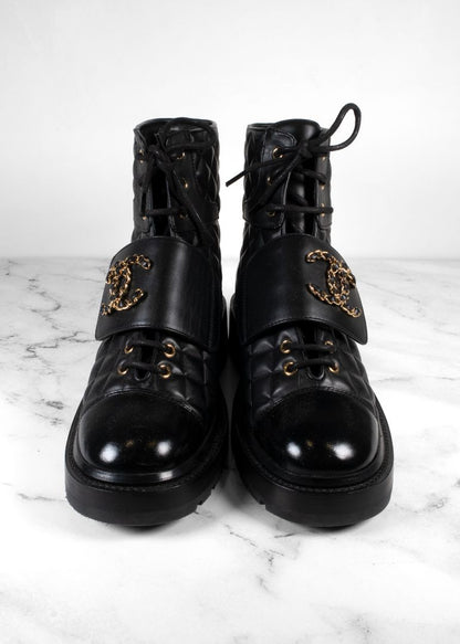Chanel Black Quilted Leather Lace Up Combat Boots