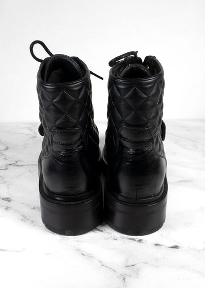 Chanel Black Quilted Leather Lace Up Combat Boots