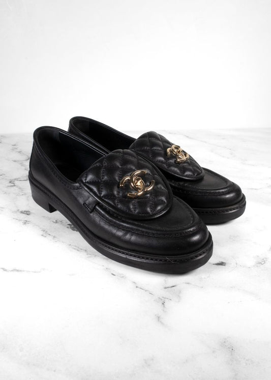 Chanel Black Lambskin Quilted Turnlock Loafers