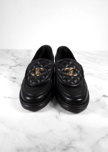 Chanel Black Lambskin Quilted Turnlock Loafers