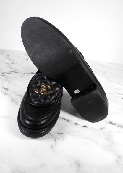 Chanel Black Lambskin Quilted Turnlock Loafers