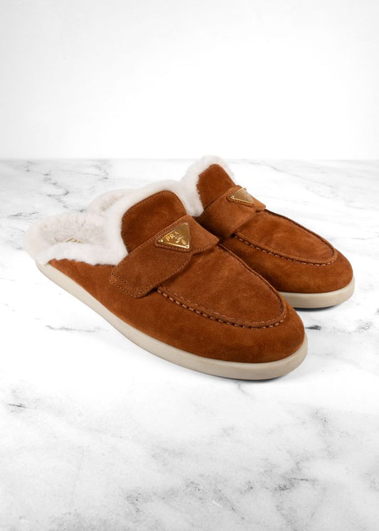 Prada Brown Suede Shearling Mules With Gold Hardware