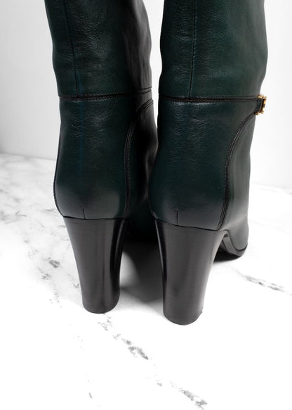 Celine Dark Green Leather Knee High Boots With Block Heel