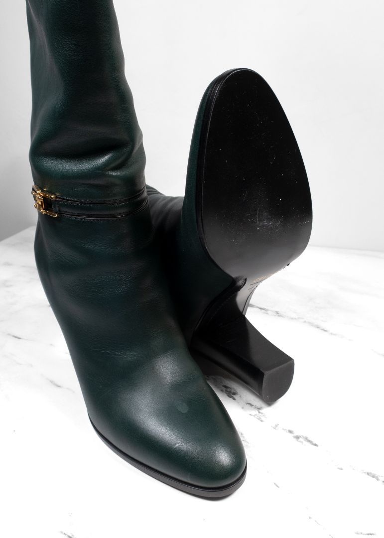 Celine Dark Green Leather Knee High Boots With Block Heel