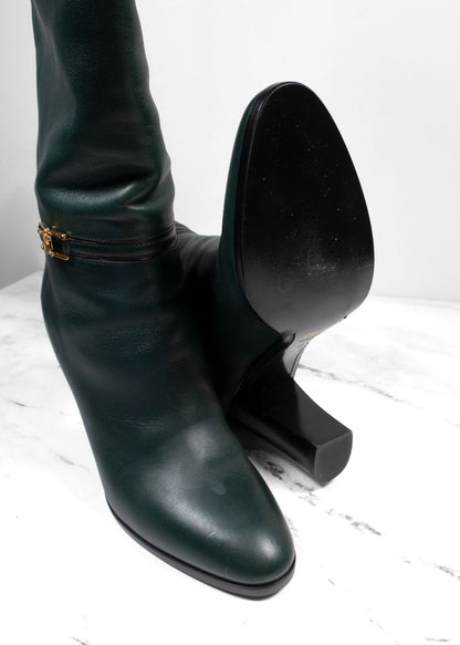 Celine Dark Green Leather Knee High Boots With Block Heel