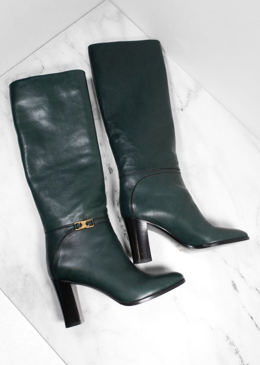 Celine Dark Green Leather Knee High Boots With Block Heel
