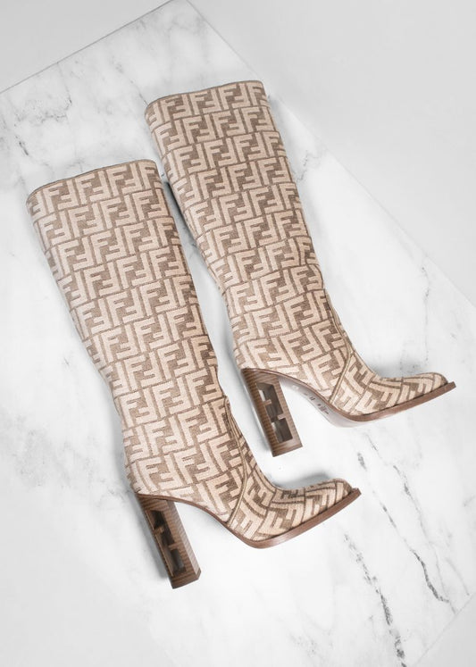 Fendi Tan Velvet FF Logo Knee High Boots
