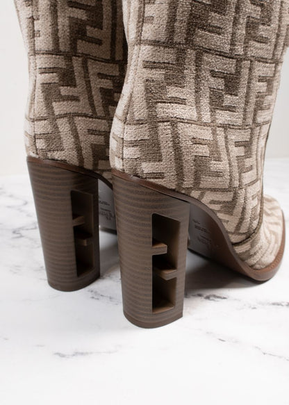 Fendi Tan Velvet FF Logo Knee High Boots