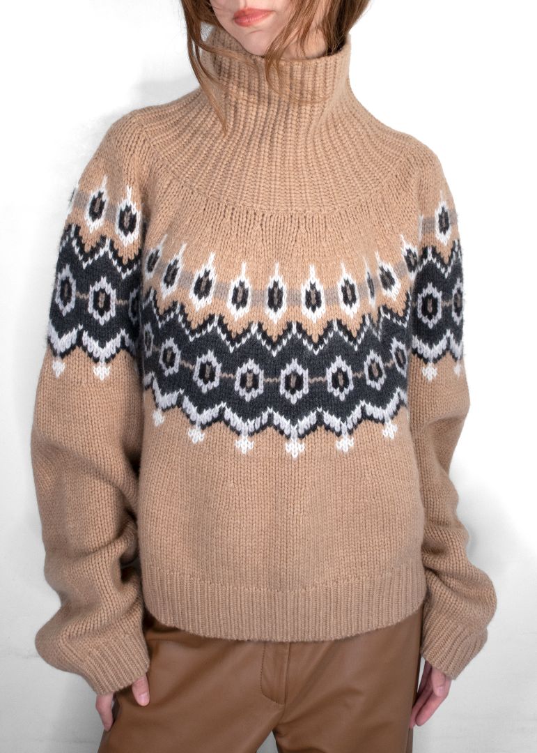 Khaite Camel Amaris Fair Isle Cashmere Blend Turtleneck Sweater
