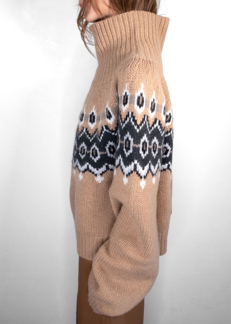 Khaite Camel Amaris Fair Isle Cashmere Blend Turtleneck Sweater