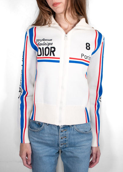 Dior Cream/Blue/Red Jacquard Knit Zip Up Jacket