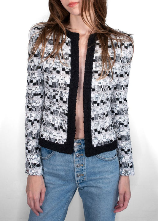 Balmain White/Black Woven Tweed Jacket With Silver Sequins
