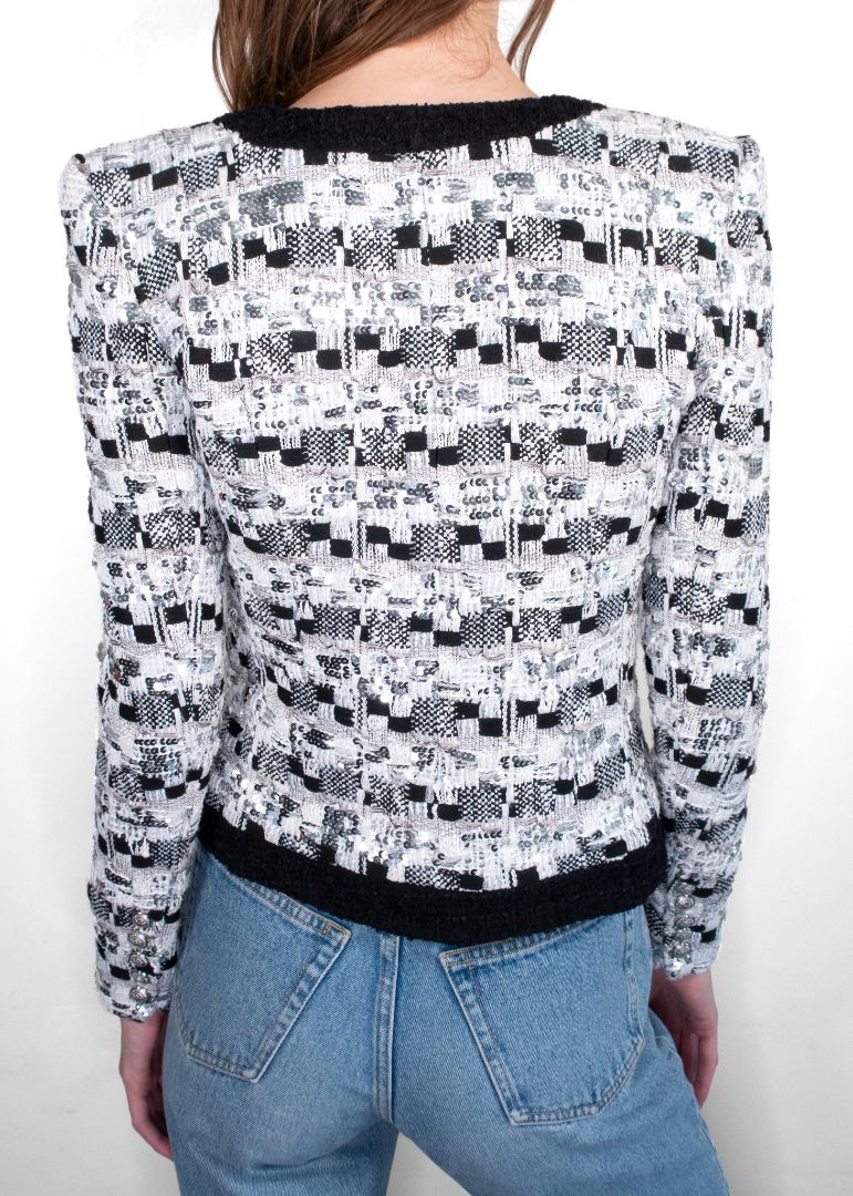 Balmain White/Black Woven Tweed Jacket With Silver Sequins