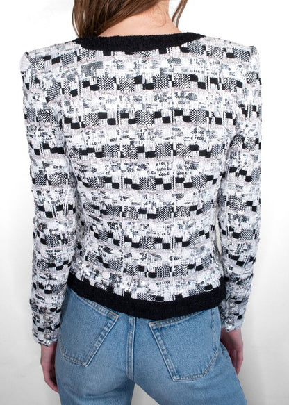 Balmain White/Black Woven Tweed Jacket With Silver Sequins
