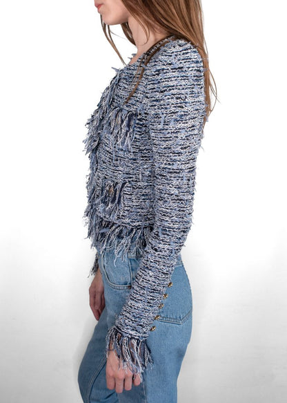 Balmain Light Blue/Navy White Fringe Knit Cropped Jacket