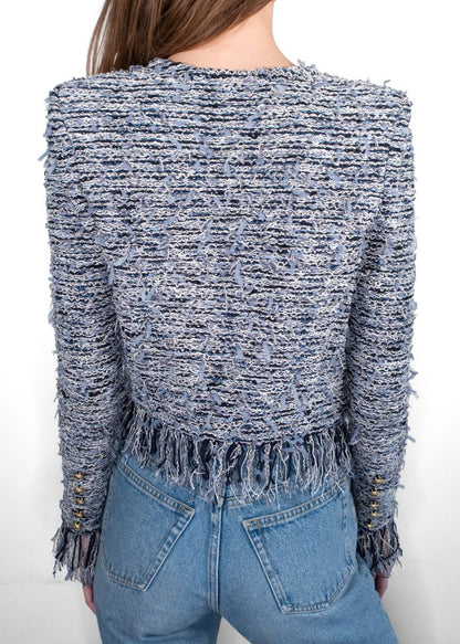 Balmain Light Blue/Navy White Fringe Knit Cropped Jacket