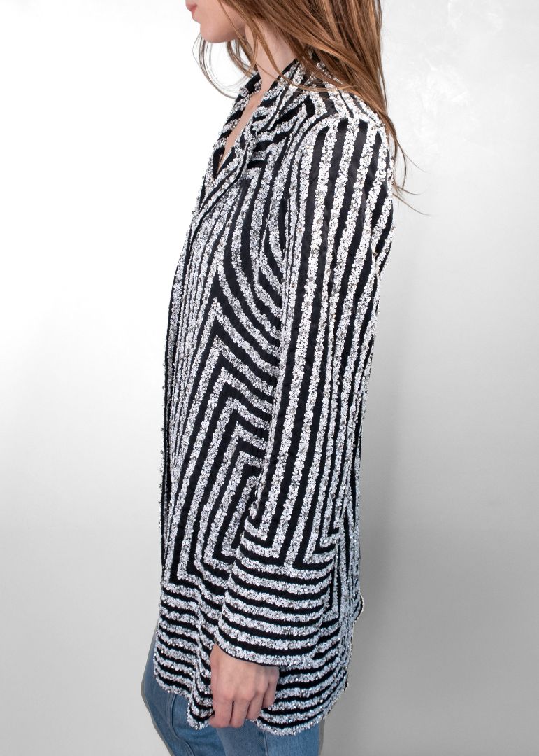 Naeem Kahn Black Satin And White Sequin Striped Blazer