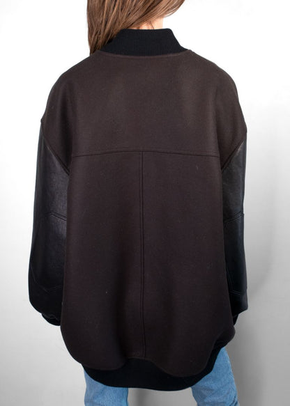 Khaite Dark Brown Leather Sleeve Oversized Varsity Jacket