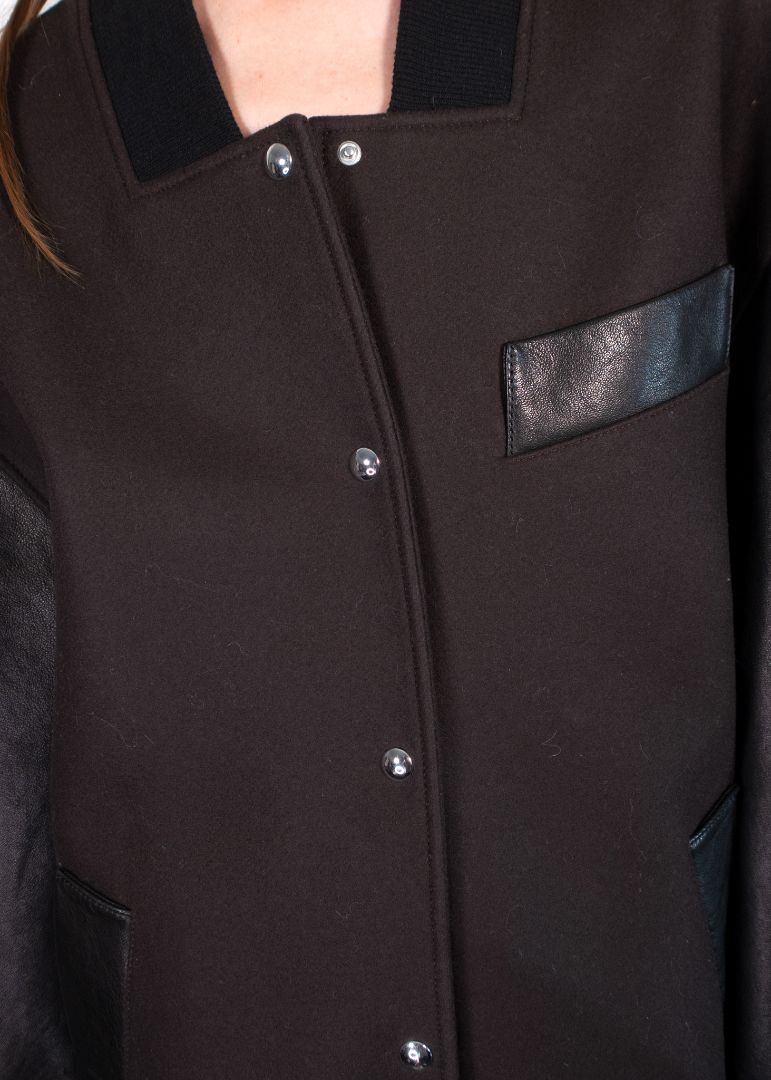 Khaite Dark Brown Leather Sleeve Oversized Varsity Jacket