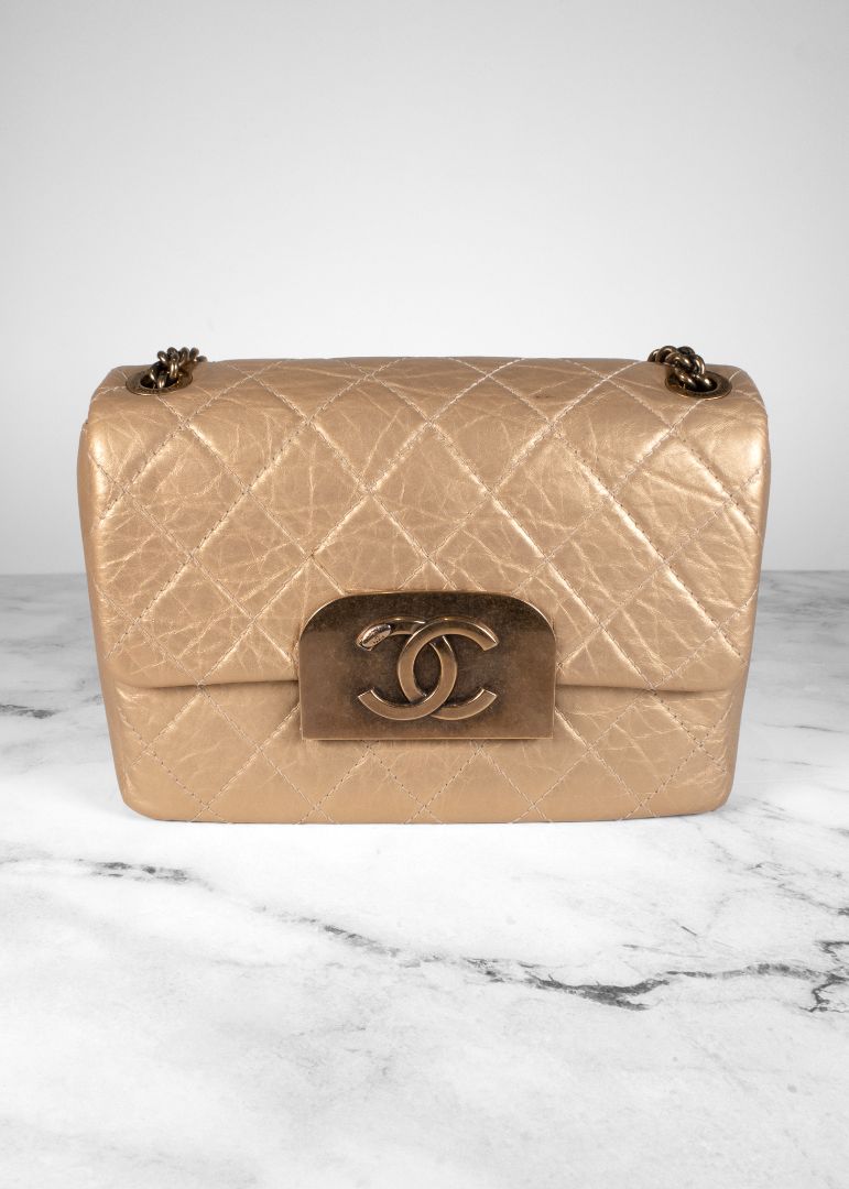 Chanel Gold Leather Quilted Bag With Gold Hardware