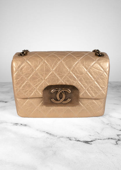 Chanel Gold Leather Quilted Bag With Gold Hardware