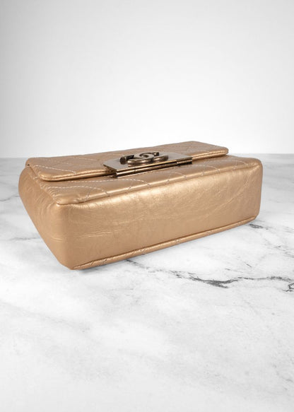 Chanel Gold Leather Quilted Bag With Gold Hardware