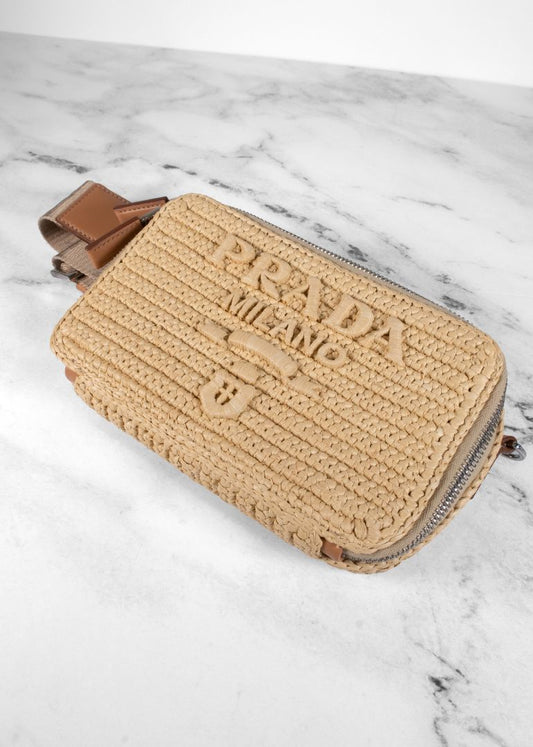 Prada Tan Raffia Brique Crochet Bag With Adjustable Strap