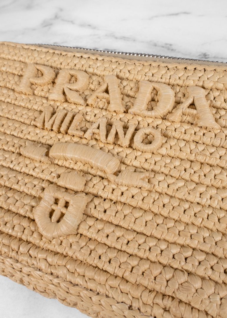 Prada Tan Raffia Brique Crochet Bag With Adjustable Strap