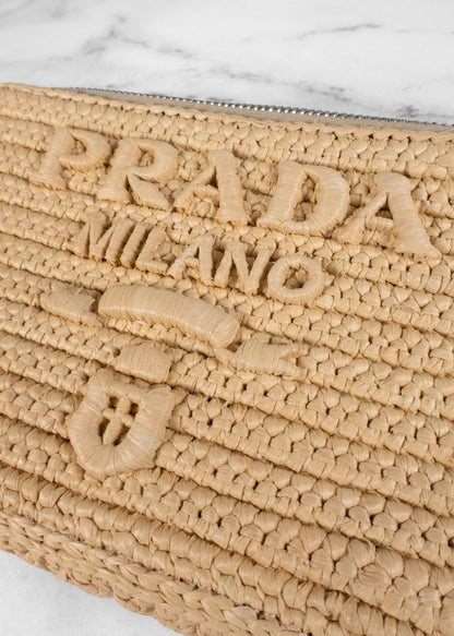 Prada Tan Raffia Brique Crochet Bag With Adjustable Strap