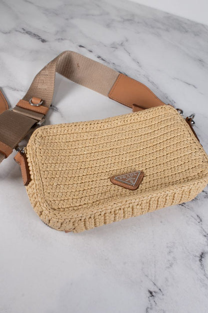 Prada Tan Raffia Brique Crochet Bag With Adjustable Strap
