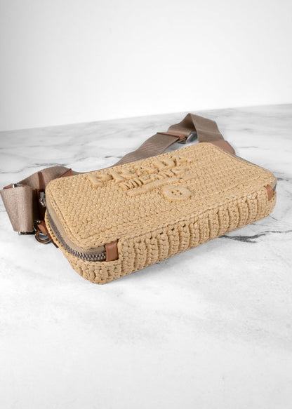 Prada Tan Raffia Brique Crochet Bag With Adjustable Strap
