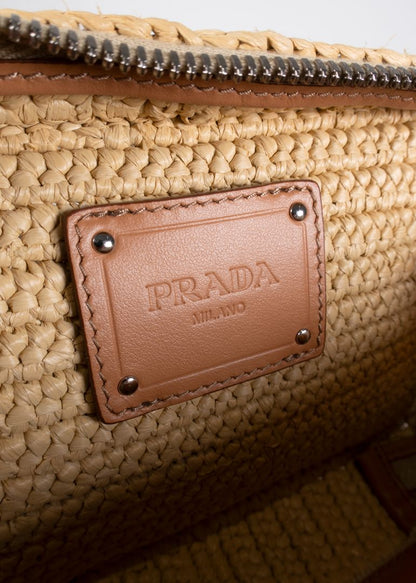 Prada Tan Raffia Brique Crochet Bag With Adjustable Strap
