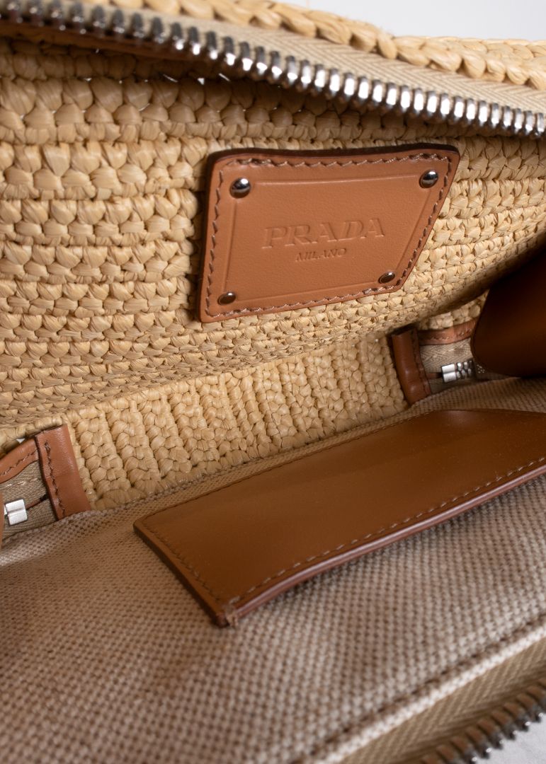 Prada Tan Raffia Brique Crochet Bag With Adjustable Strap