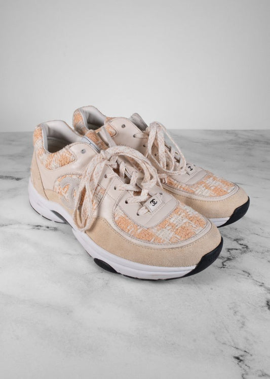 Chanel Orange/White Tweed And Suede Sneakers