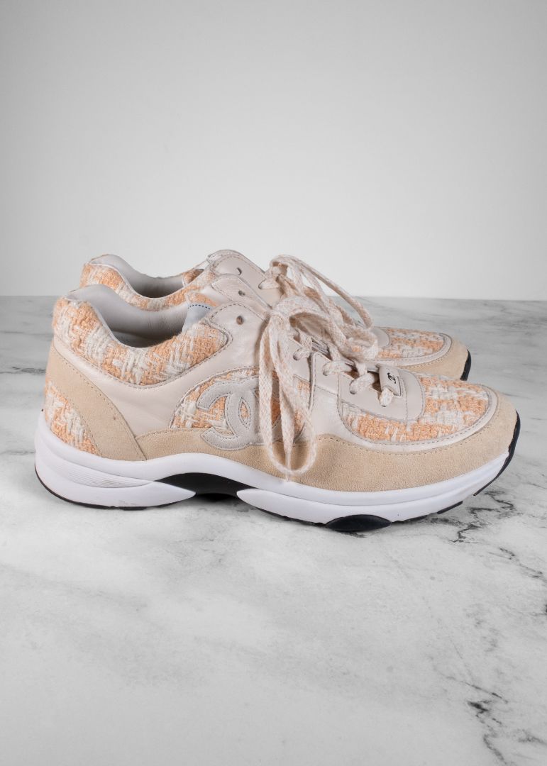 Chanel Orange/White Tweed And Suede Sneakers