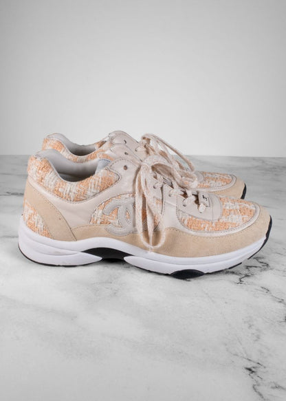 Chanel Orange/White Tweed And Suede Sneakers