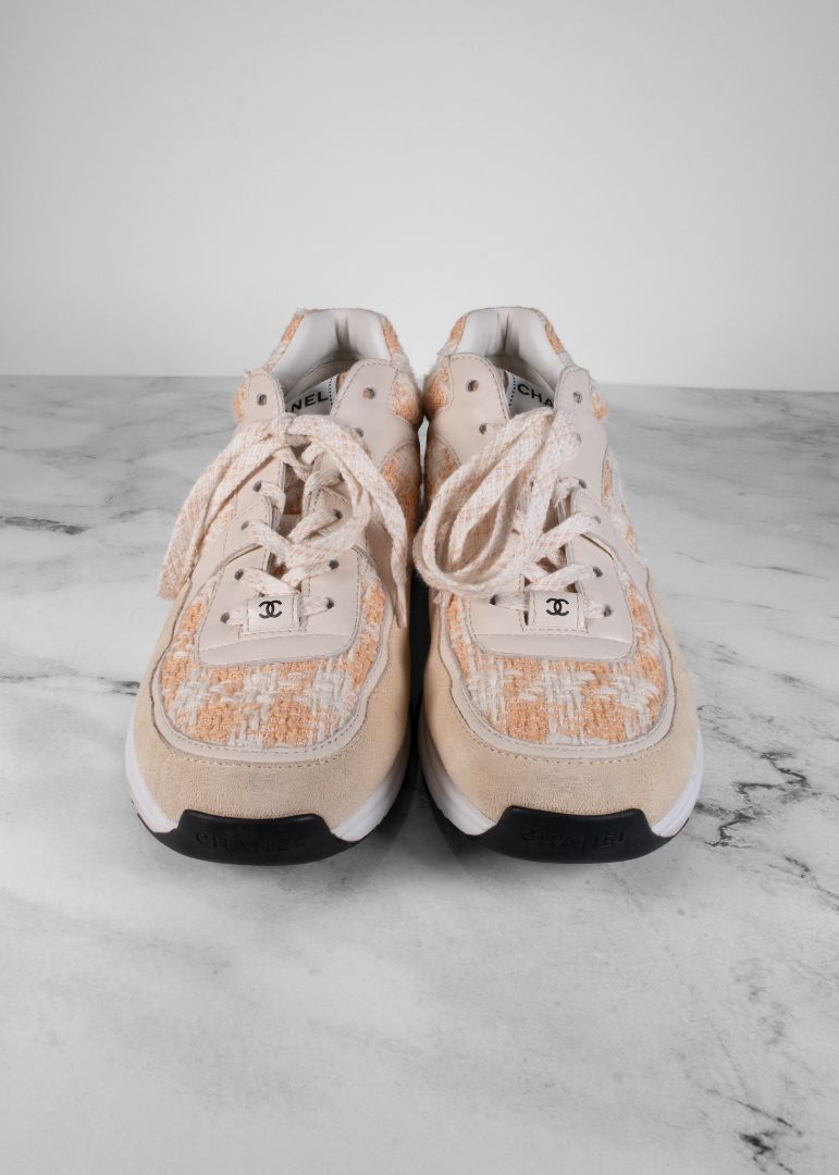 Chanel Orange/White Tweed And Suede Sneakers