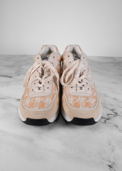 Chanel Orange/White Tweed And Suede Sneakers
