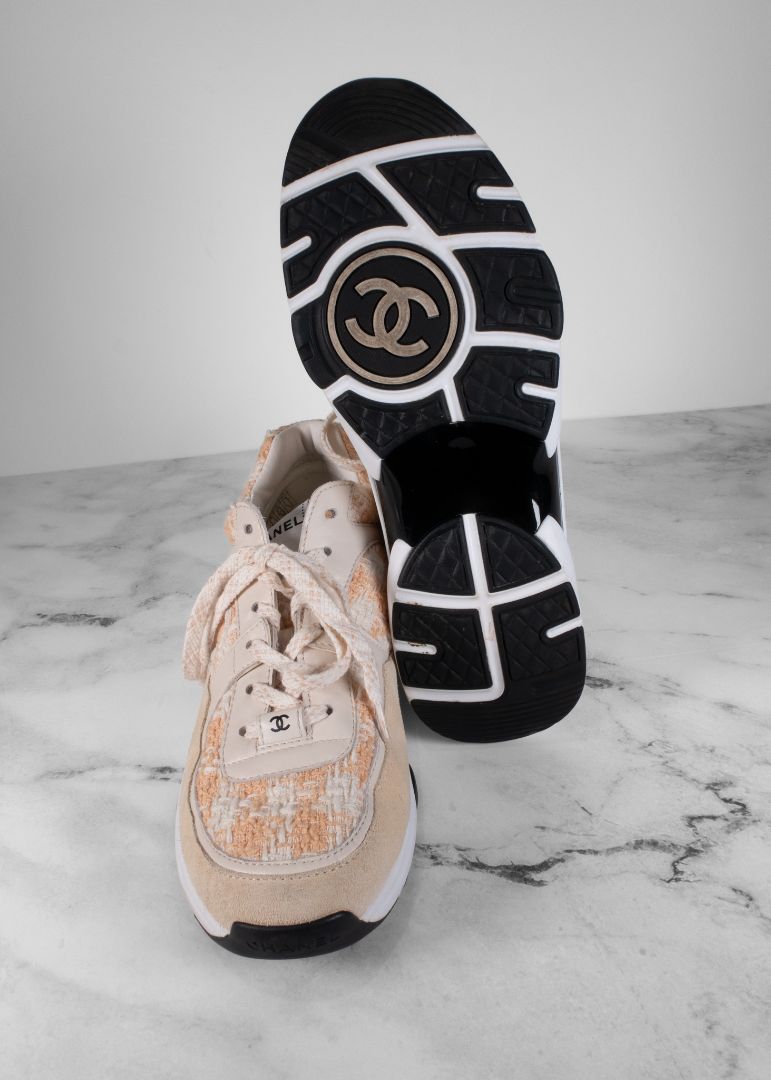 Chanel Orange/White Tweed And Suede Sneakers