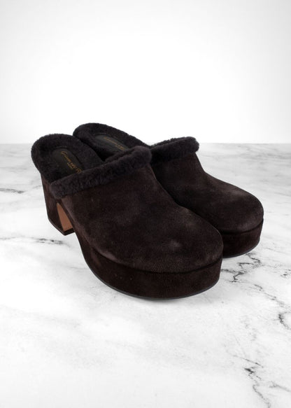 Gianvito Rossi Brown Suede Clogs With Fur Lining