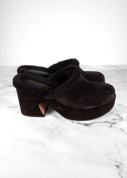 Gianvito Rossi Brown Suede Clogs With Fur Lining