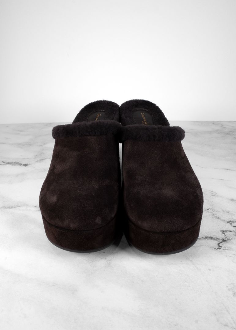 Gianvito Rossi Brown Suede Clogs With Fur Lining
