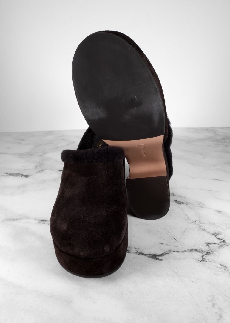Gianvito Rossi Brown Suede Clogs With Fur Lining