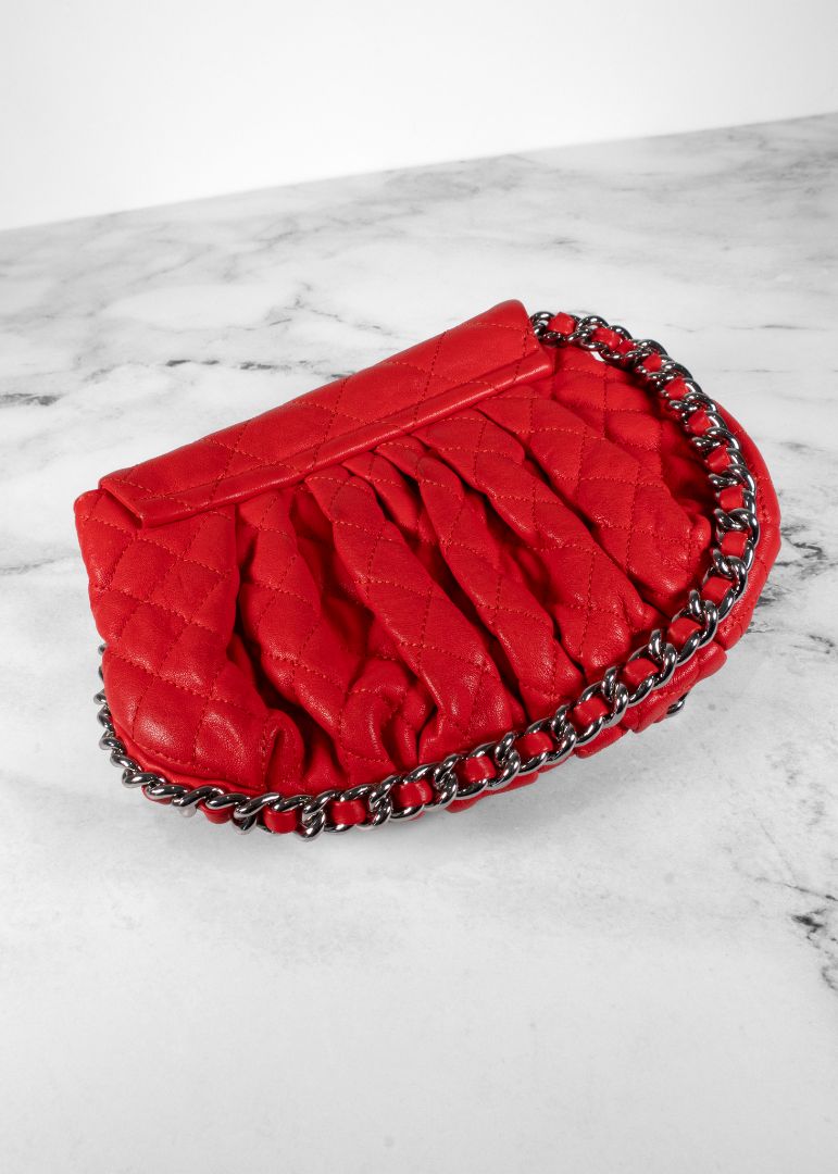 Chanel Red Quilted Lambskin Chain Around Bag With Silver Hardware