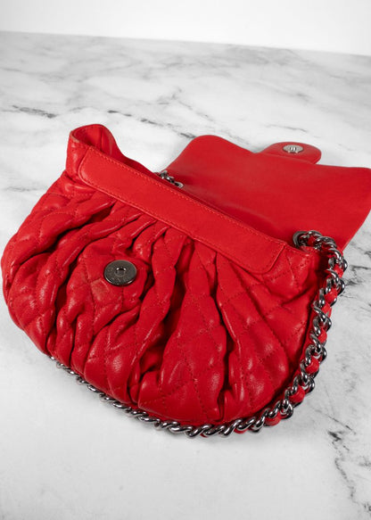 Chanel Red Quilted Lambskin Chain Around Bag With Silver Hardware